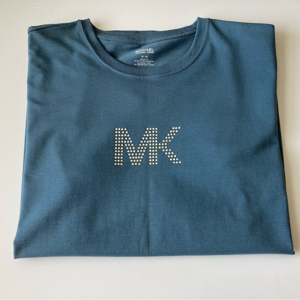 Michael Kors Blue T-Shirt MK Rhinestone Logo M Short Sleeve Cotton Women’s New